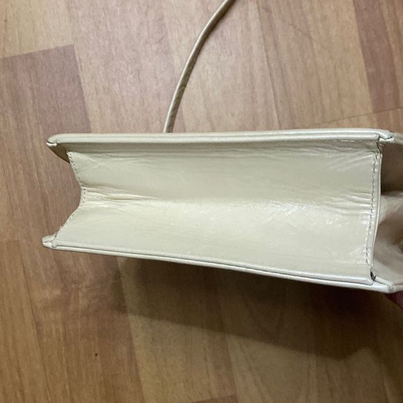 Vintage Theodora Cream Leather and Tan Canvas Accent Crossbody Bag Made in USA - Picture 7 of 9